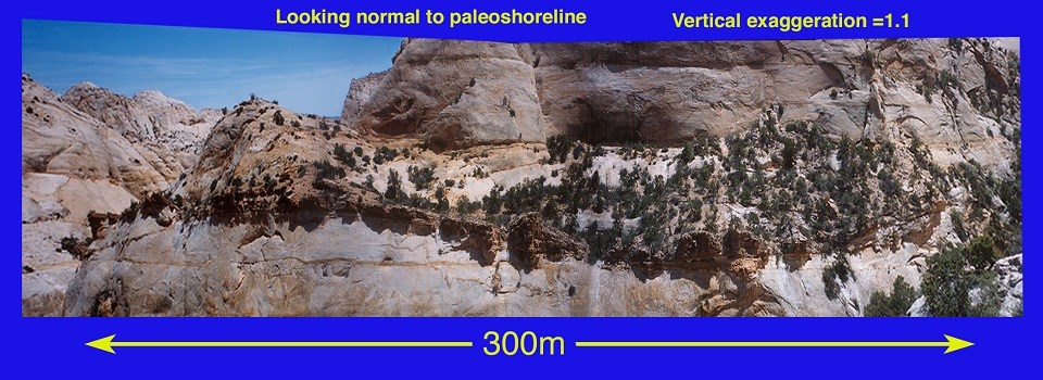 Panoramic view of tan sandstone cliffs, with some vegetation and blue sky.