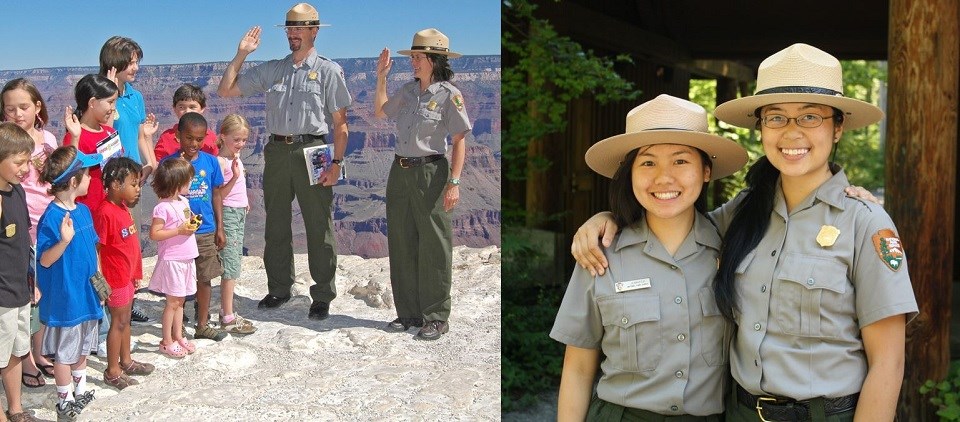A photo of a group of Junior Rangers getting sworn in next to a photo of two park rangers