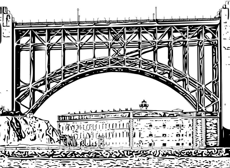 Brick Fort framed by arched supports of Golden Gate Bridge