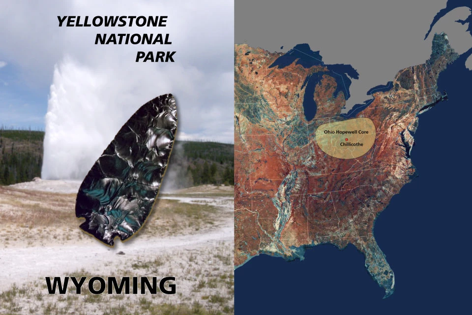 Left side reveals a grass covered group of mounds near a concrete patio, right photo shows eastern half of United States image from space
