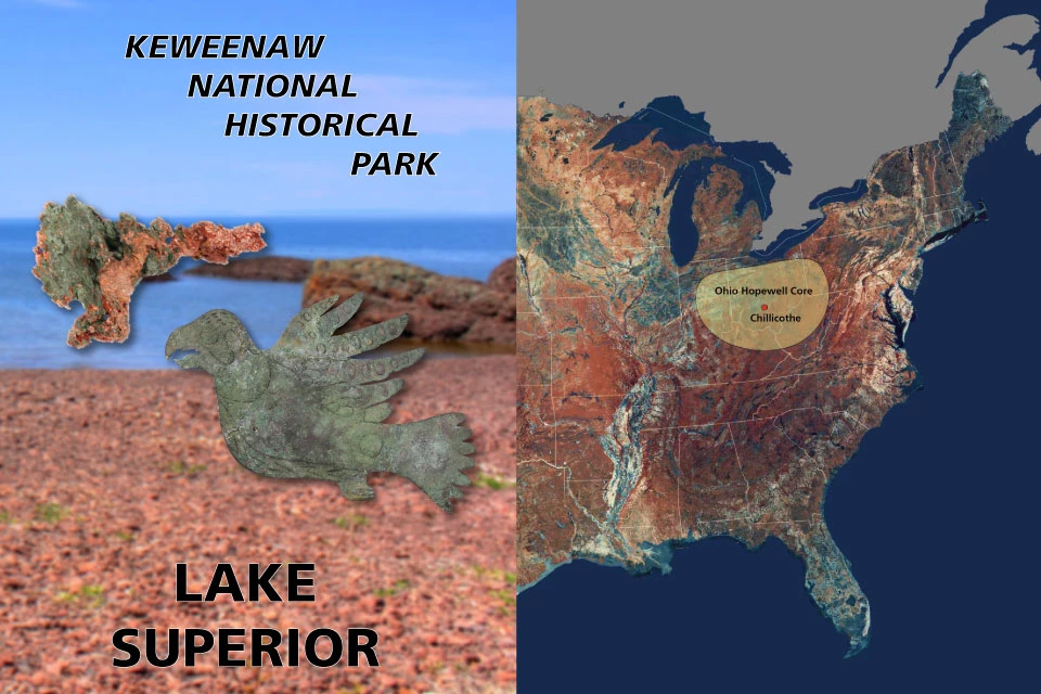 Left side reveals a grass covered group of mounds near a concrete patio, right photo shows eastern half of United States image from space