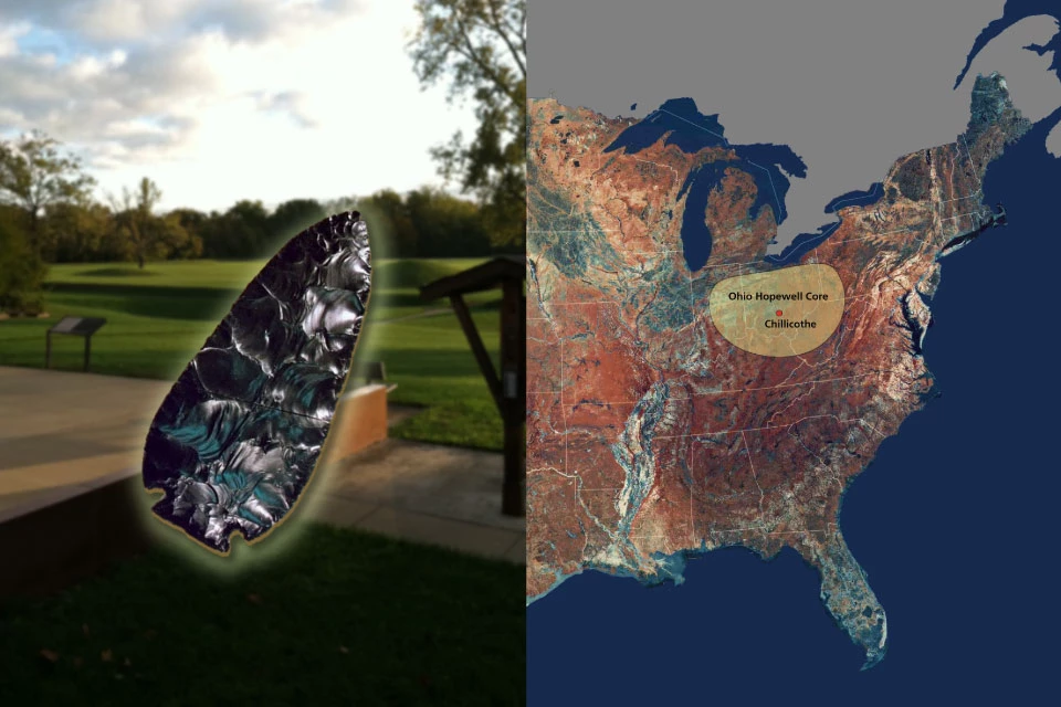 Left side reveals a grass covered group of mounds near a concrete patio, right photo shows eastern half of United States image from space