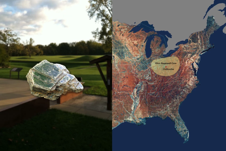 Left side reveals a grass covered group of mounds near a concrete patio, right photo shows eastern half of United States image from space