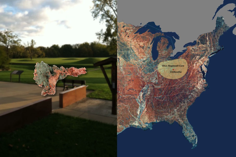 Left side reveals a grass covered group of mounds near a concrete patio, right photo shows eastern half of United States image from space