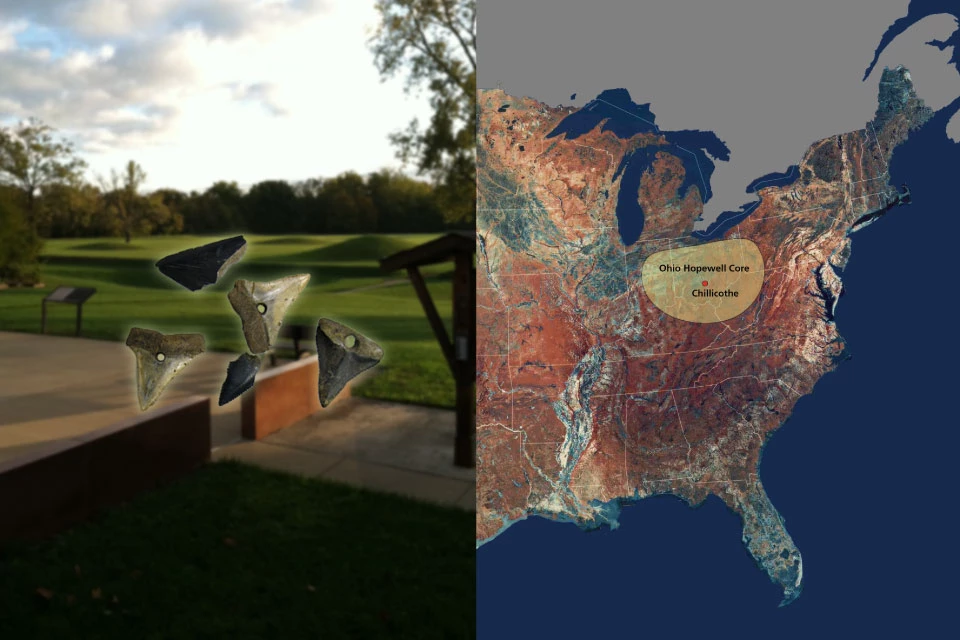 Left side reveals a grass covered group of mounds near a concrete patio, right photo shows eastern half of United States image from space