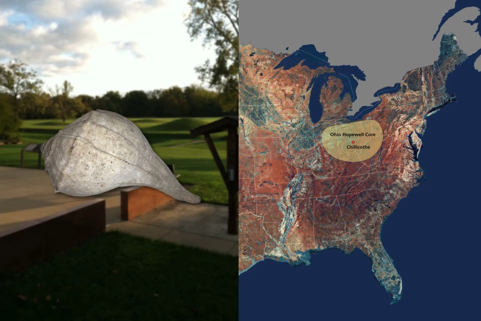 Left side reveals a grass covered group of mounds near a concrete patio, right photo shows eastern half of United States image from space