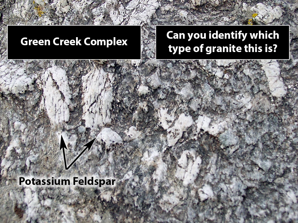 Dark gray granite with large white crystals of potassium feldspar.
