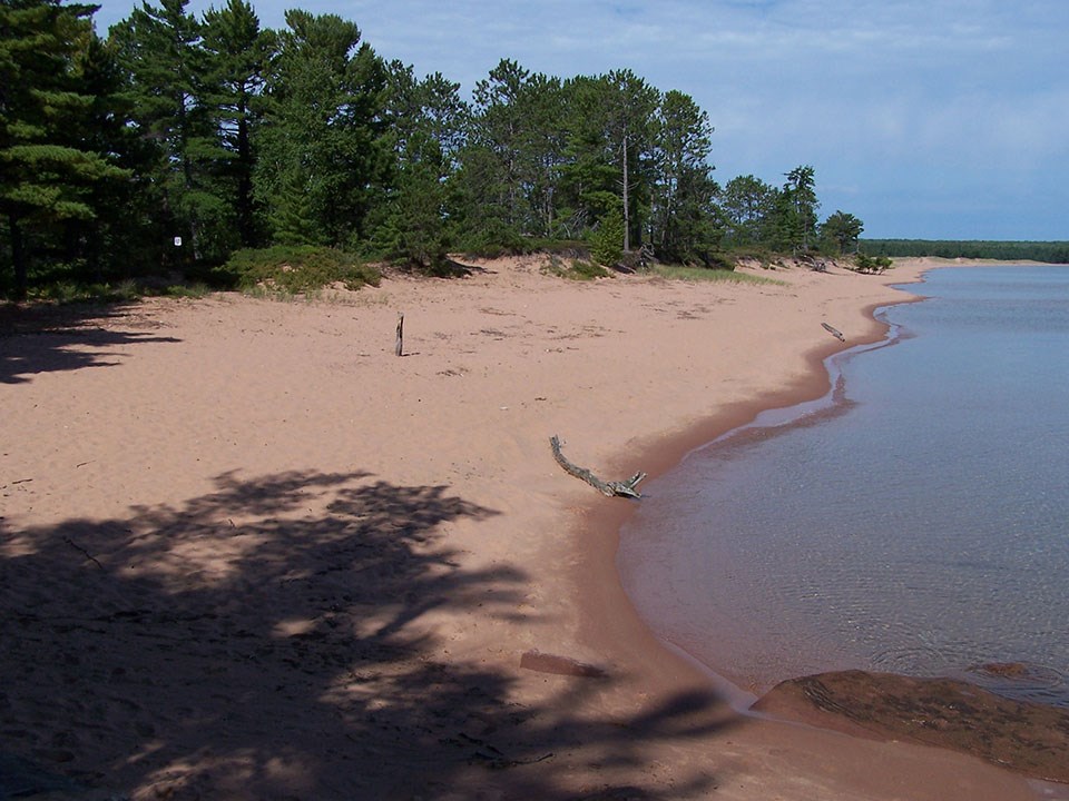A wide sand beach with trees on the left and water on the right.