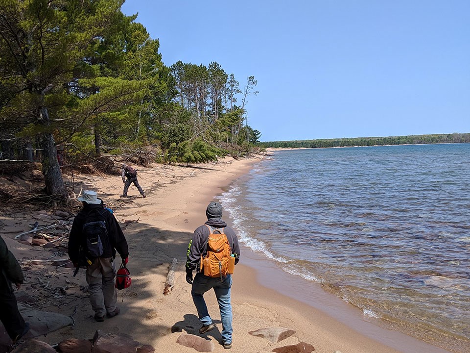 A wide sand beach with trees on the left and water on the right.