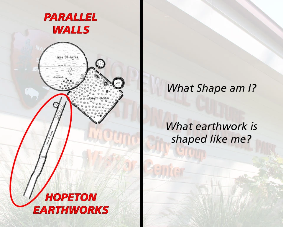 A geometric shape and "What shape am I?" "What earthwork is shaped like me?"