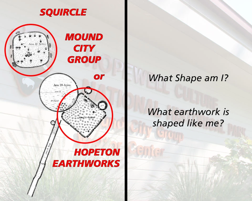 A geometric shape and "What shape am I?" "What earthwork is shaped like me?"