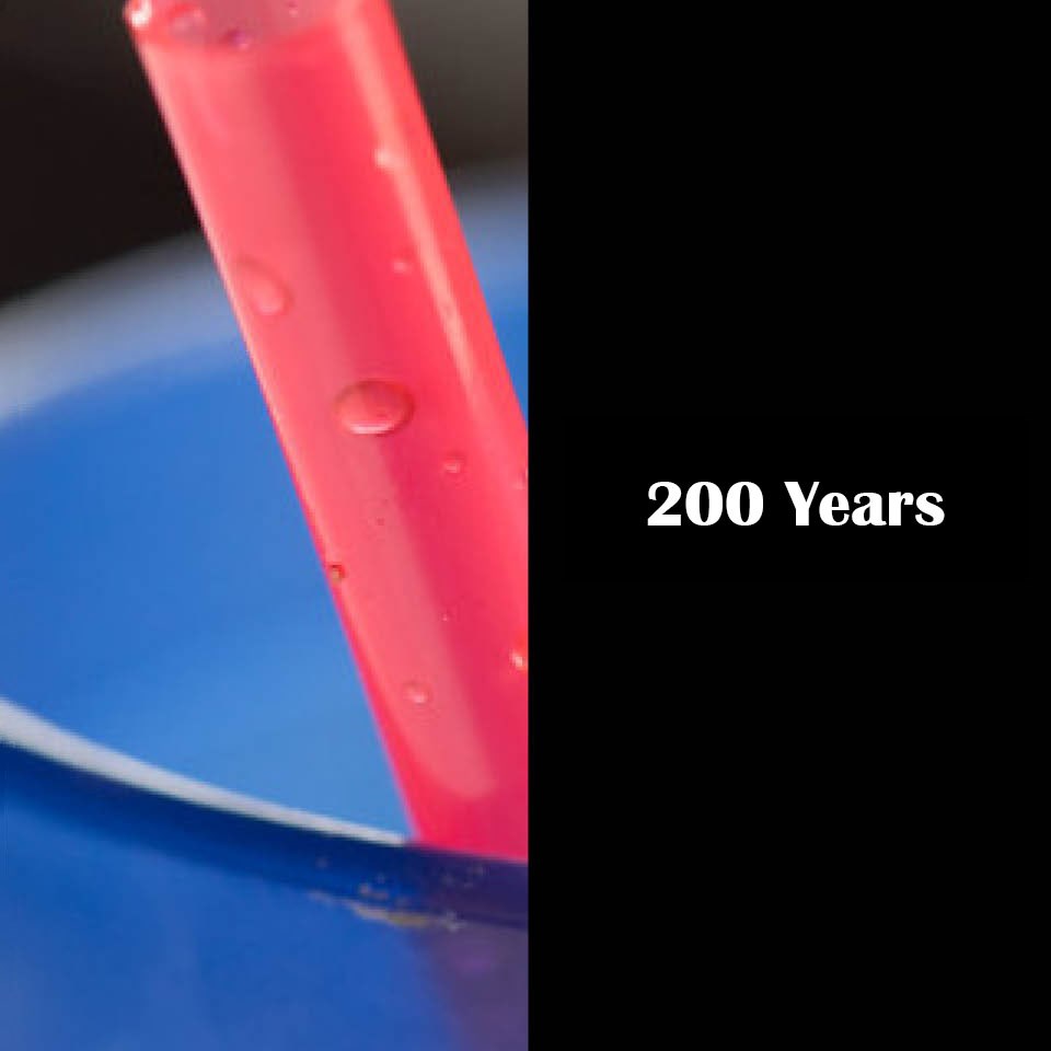 Big, red plastic straw in a blue cup, 200 Years