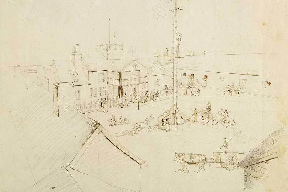 black and white sketch of house, courtyard, and people