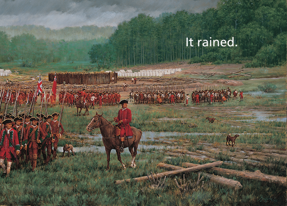 George Washington and soldiers on Fort Necessity battlefield