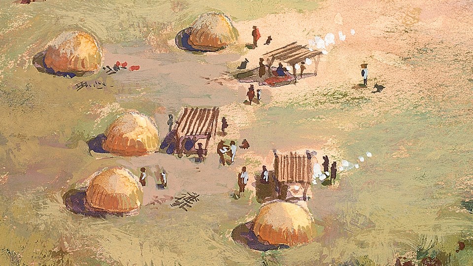 illustration of grouping of round thatched earthen homes with shade ramadas