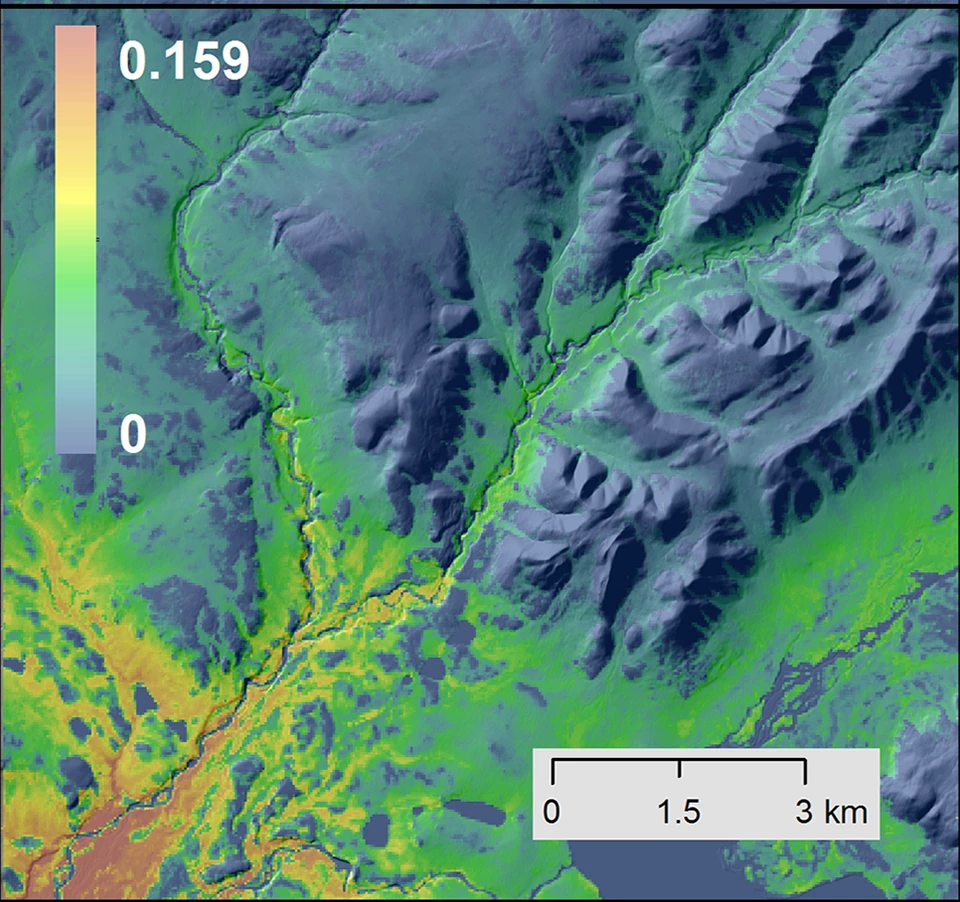 Relief map showing a model of predicted abundance for American Tree Sparrow