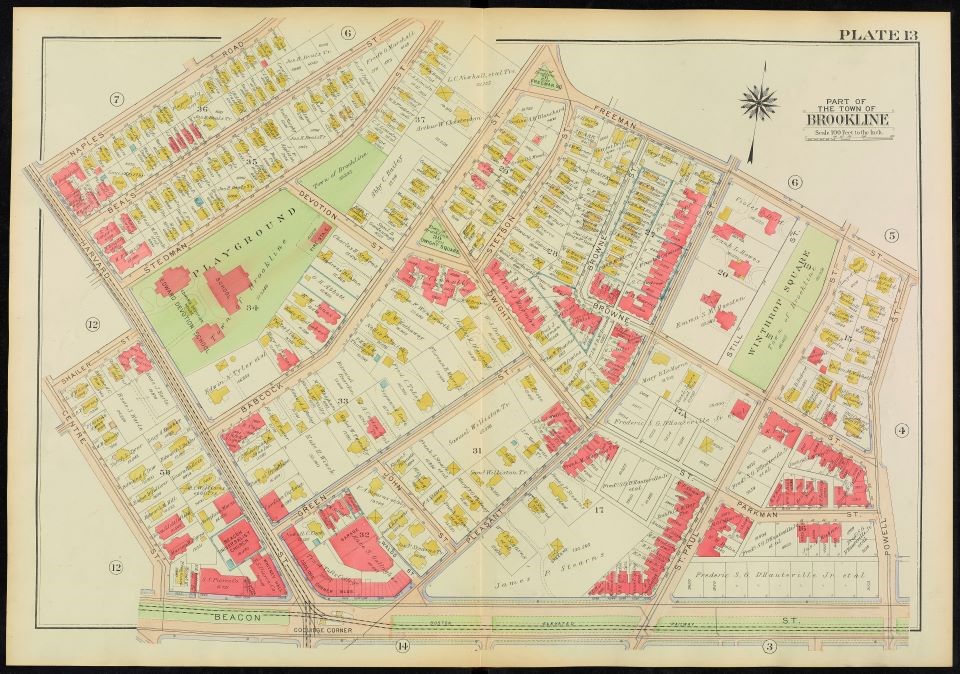 Map of 1907 Coolidge Corner. Majority of buildings are wood and large open plots still present near Beacon St. 83 Beals is not constructed.