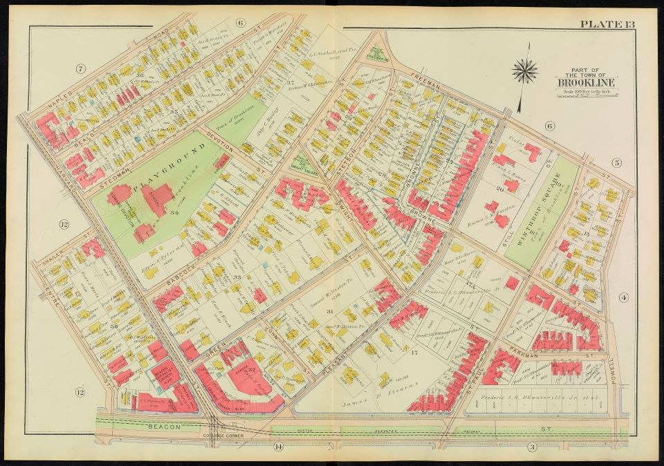 Map of 1907 Coolidge Corner. Majority of buildings are wood and large open plots still present near Beacon St. 83 Beals is not constructed.
