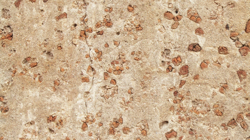closeup of black and red pebbles in lime plaster wall
