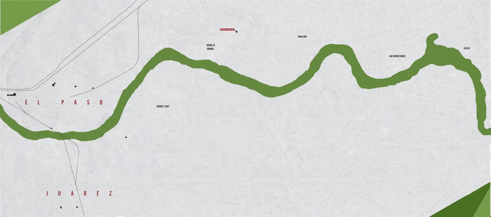 Path of river shown in green against a plain background