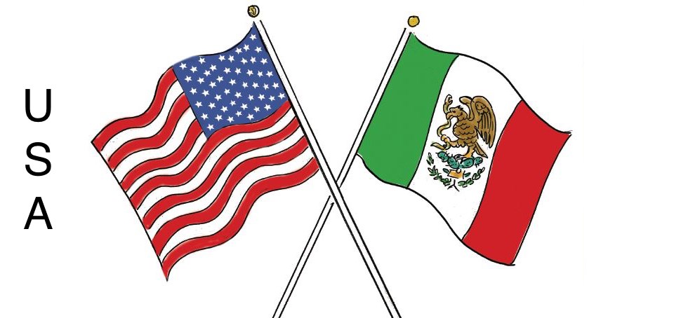 Illustration of crossed US and Mexican flags with text identifying Mexican flag