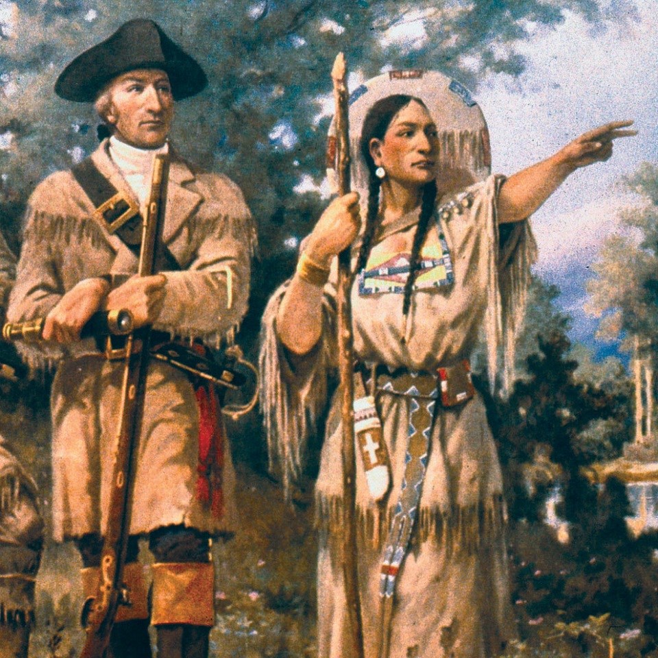 An artistic depiction of William Clark and Sacagawea pointing towards the right