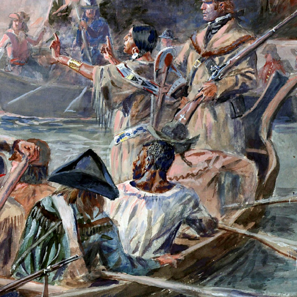 An artistic depiction of William Clark and Sacagawea pointing towards the right