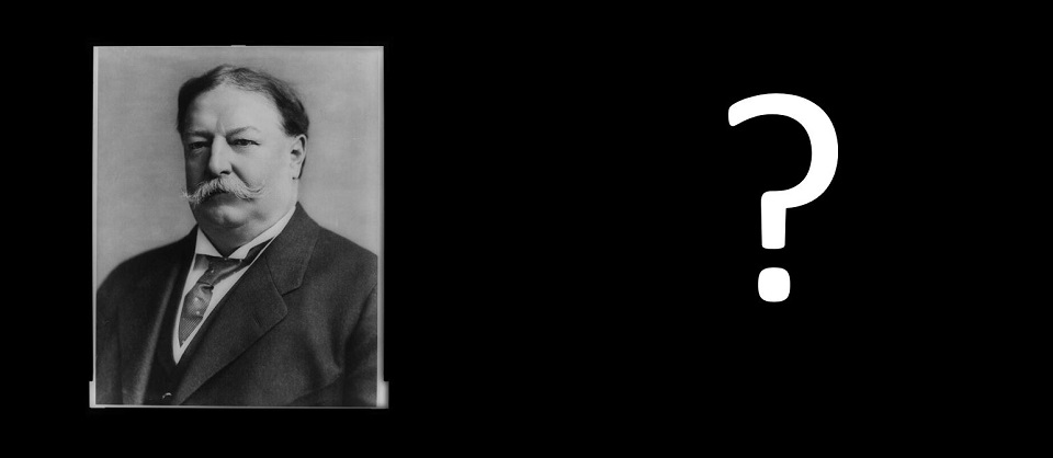 Photo of a large two-story house on a hill next to a photo of William Howard Taft