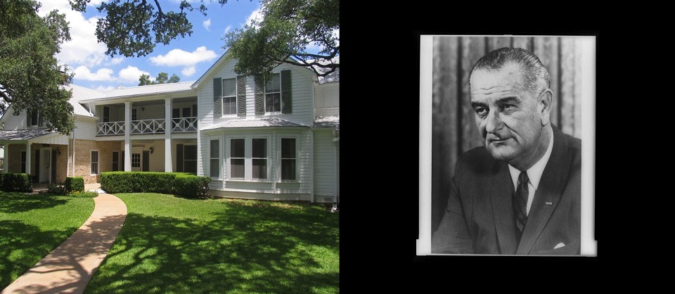 Photo of a two-story white house next to a photo of Lyndon B. Johnson