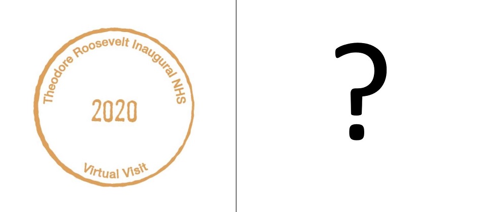 Photo of a two-story house with columns next to a passport stamp for Theodore Roosevelt Inaugural