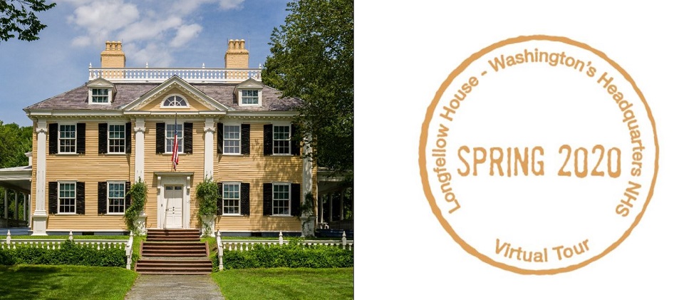 Yellow two-story house next to a passport stamp for Longfellow Home - Washington's Headquarters NHS
