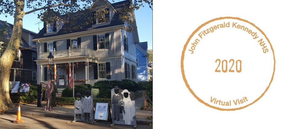 Light three-story house next to a passport stamp for John Fitzgerald Kennedy NHS