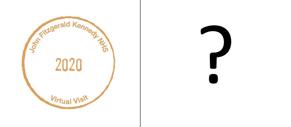 Light three-story house next to a passport stamp for John Fitzgerald Kennedy NHS