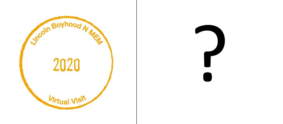 Small log cabin covered in snow next to a passport stamp for Lincoln Boyhood Home National Memorial