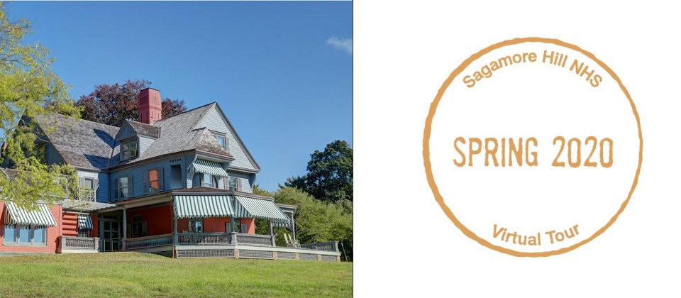 Colorful three-story house next to a passport for Sagamore Hill NHS