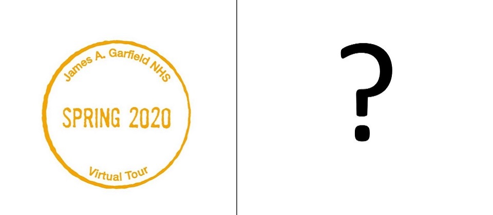 Long two-story house at dusk next to a passport stamp for James A. Garfield NHS