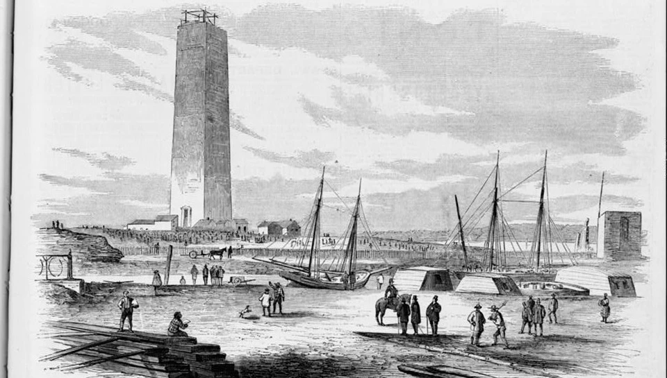 An artists rendering of the Washington Monument under construction in 1874