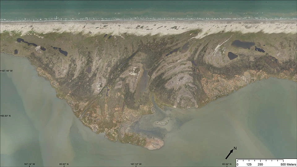 Orthophoto mosaic of the barrier bar between Ikpek Lagoon and the Bering Sea.