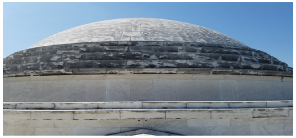 A black substance is visible on the dome of the Thomas Jefferson Memorial.