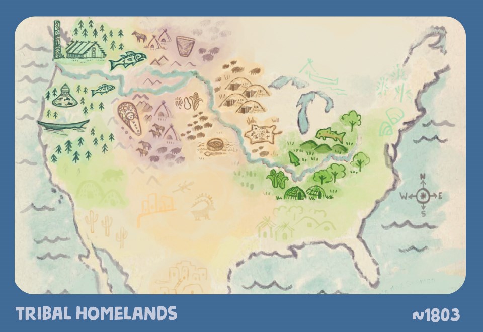Tribal Homelands. ~1803. Illustrated map of North America. Land is filled with tribal art, food, and technology: canoes, totem poles, teepees, woven baskets, earth lodges, buffalo, mounds, and carvings. Pacific northwest, rocky mountain, great plains, and