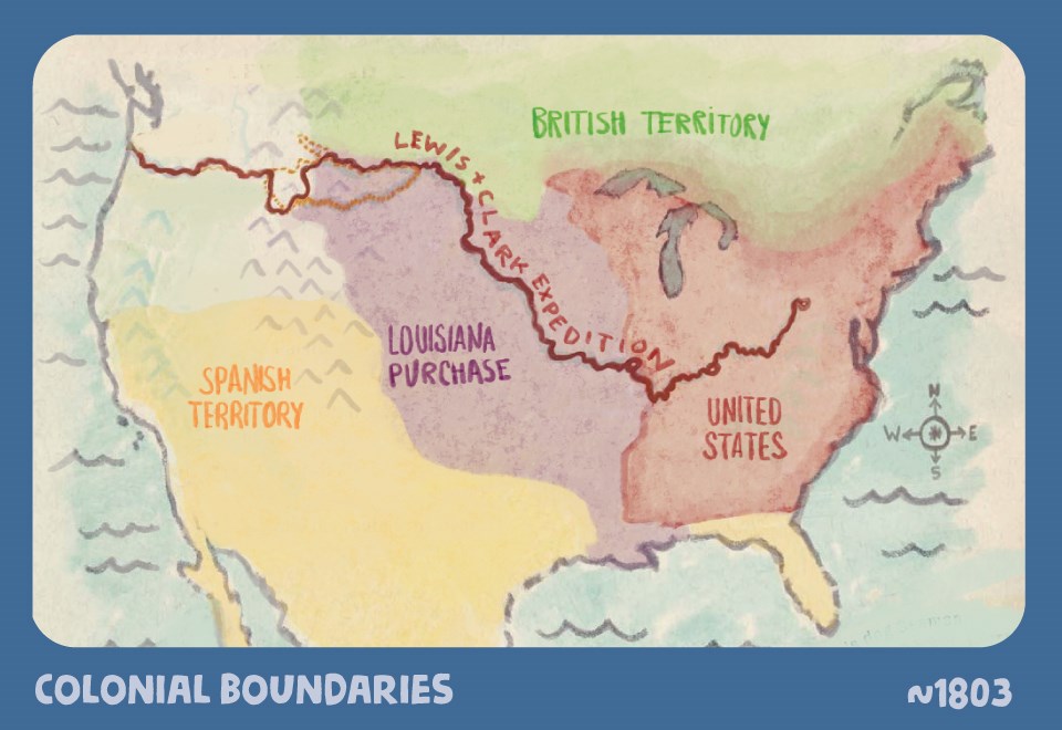 Tribal Homelands. ~1803. Illustrated map of North America. Land is filled with tribal art, food, and technology: canoes, totem poles, teepees, woven baskets, earth lodges, buffalo, mounds, and carvings. Pacific northwest, rocky mountain, great plains, and