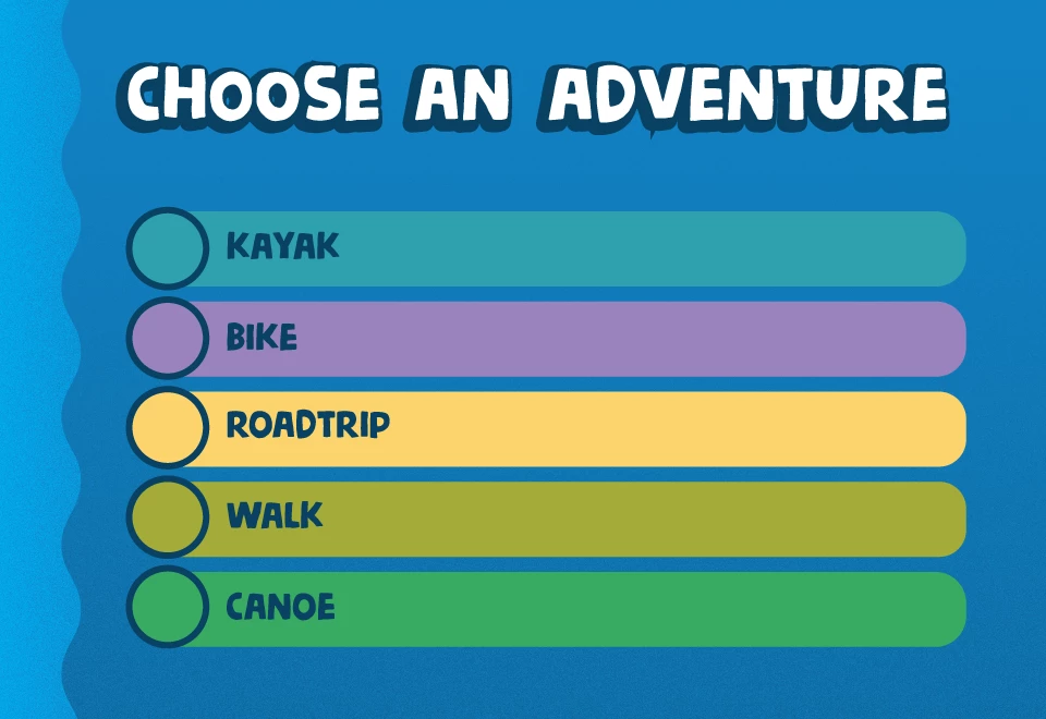 Choose an adventure. Kayak Lower Columbia River Trail. Bike Lemhi Pass to Lolo Pass. Roadtrip Knife River to Great Falls. Walk Wickliffe Mounds State Historic Site. Canoe Ohio River Recreation Trail. Blue background with turquoise, purple, yellow, lime gr