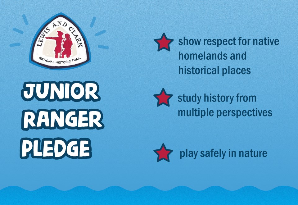 Junior ranger pledge. Lewis and Clark Trail logo. Show respect for native homelands and historical places. Study history from multiple perspectives. Play safely in nature. Blue background. Red stars.