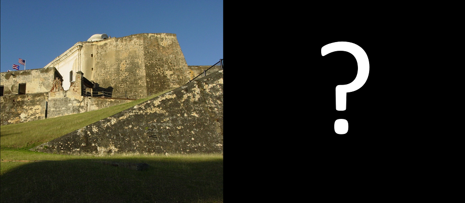 Image of colonial Spanish castle (left); text reading "Castillo San Cristobal" (right)