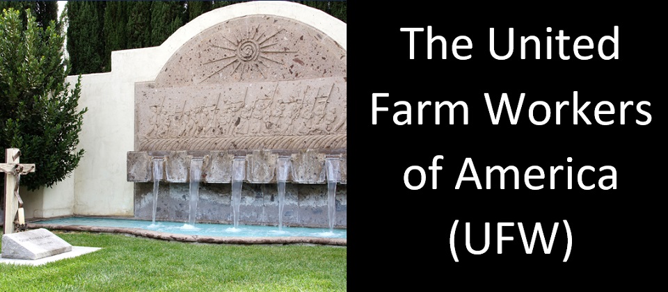 Image of Cesar Chavez gravesite and a cross (left); text reading "United Farm Workers of America" (right)