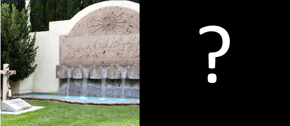Image of Cesar Chavez gravesite and a cross (left); text reading "United Farm Workers of America" (right)