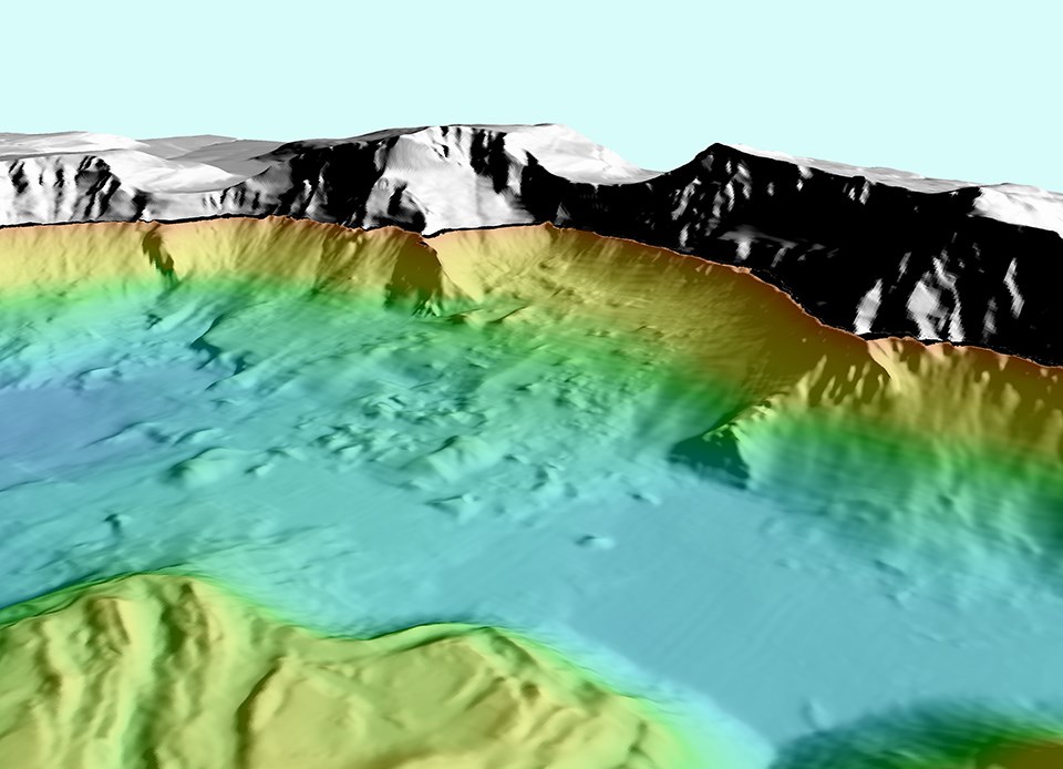 3d image of a portion of the crater rim and lake floor