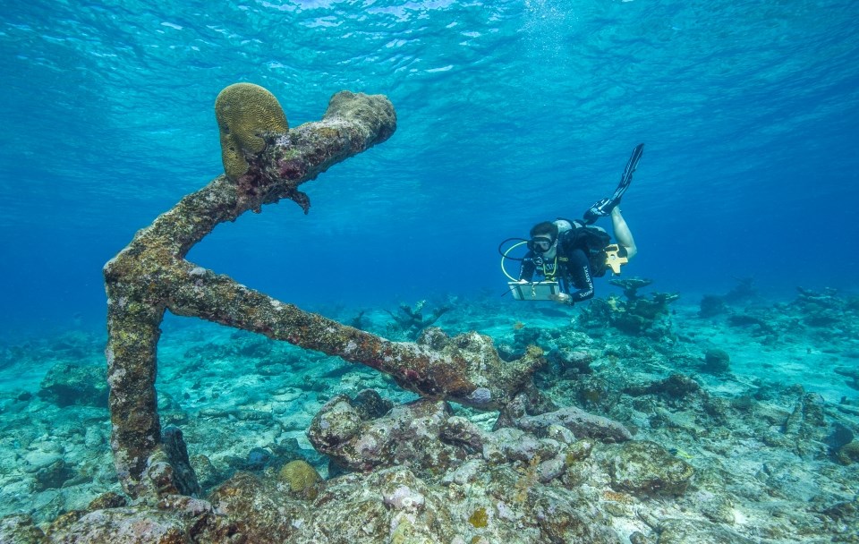 Underwater archeologists surveying a sunken anchor in 1981 (NPS, SEAC)
