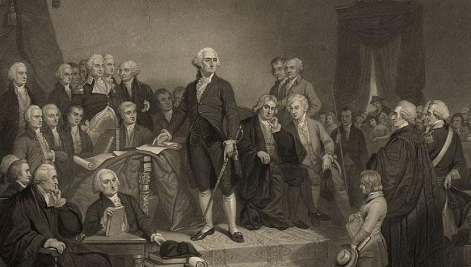 George Washington standing in a crowded room in a grayscale rendering