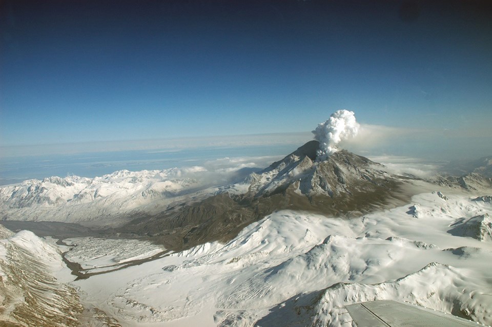 volcanic peak with snow